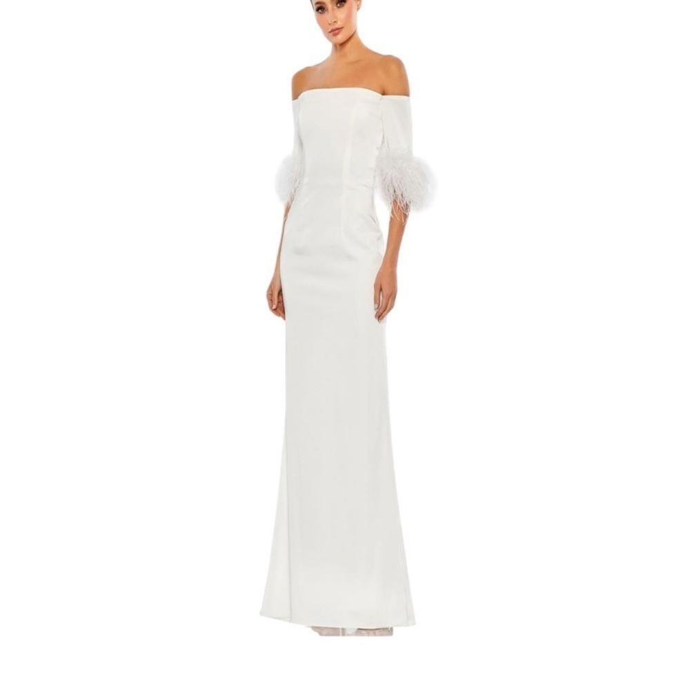 Mac Duggal White Feather Trim Off Shoulder Gown